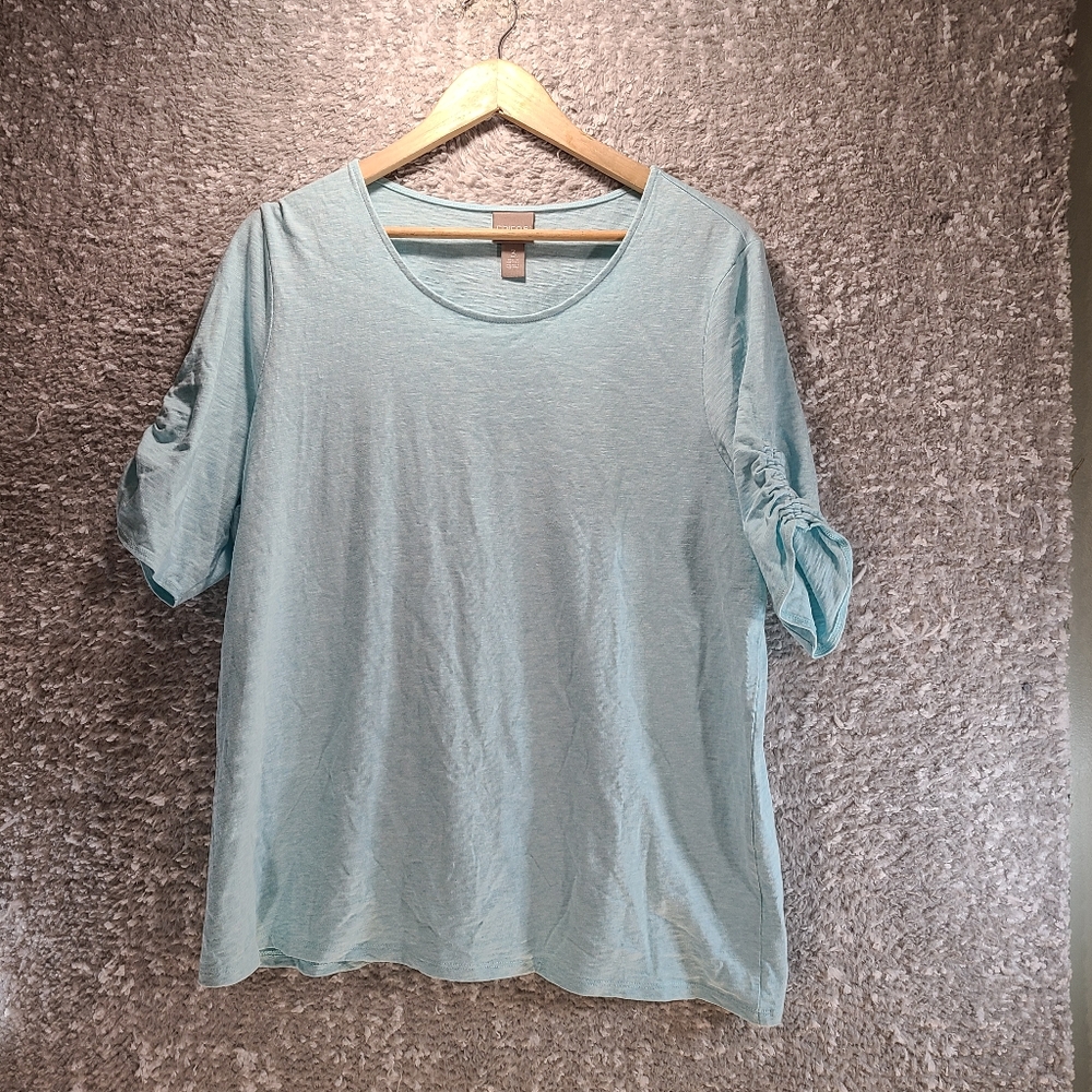 Chico’s Women's Blue Top Blouse Round Neck Ruched Sleeves Cotton Modal 3, XL